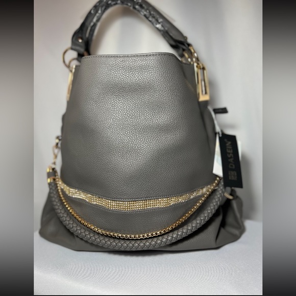 Gray Purse With Gold Straps - Picture 3 of 5